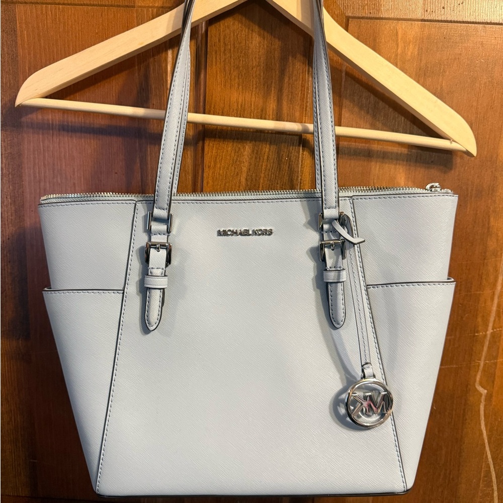 Michael Kors Pale Blue Saffiano Leather Tote with Logo Charm